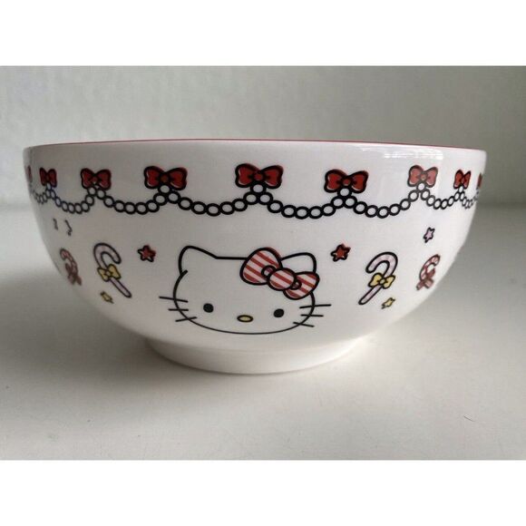 Set Of 2 Sanrio Hello Kitty Ceramic 27 Oz Bowl Christmas Candy Cane Garland NEW - Picture 10 of 13